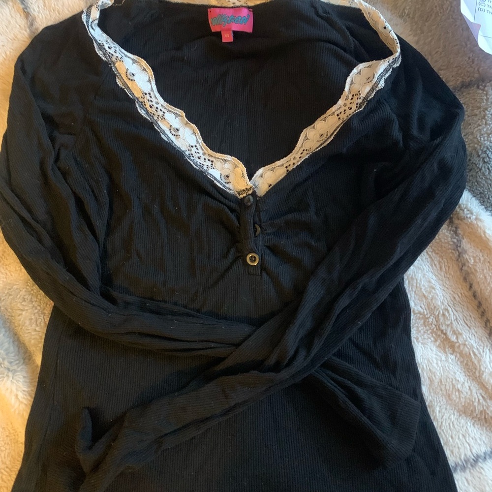 Edikted Black Long Sleeve Top with White Lace Trim